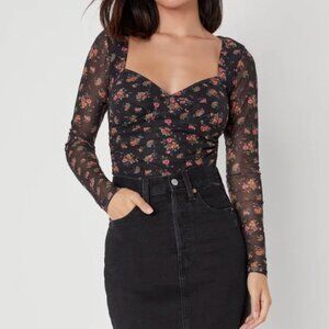 NWT Lulu's Moody Perfection Black Floral Print Mesh Long Sleeve Bodysuit SMALL